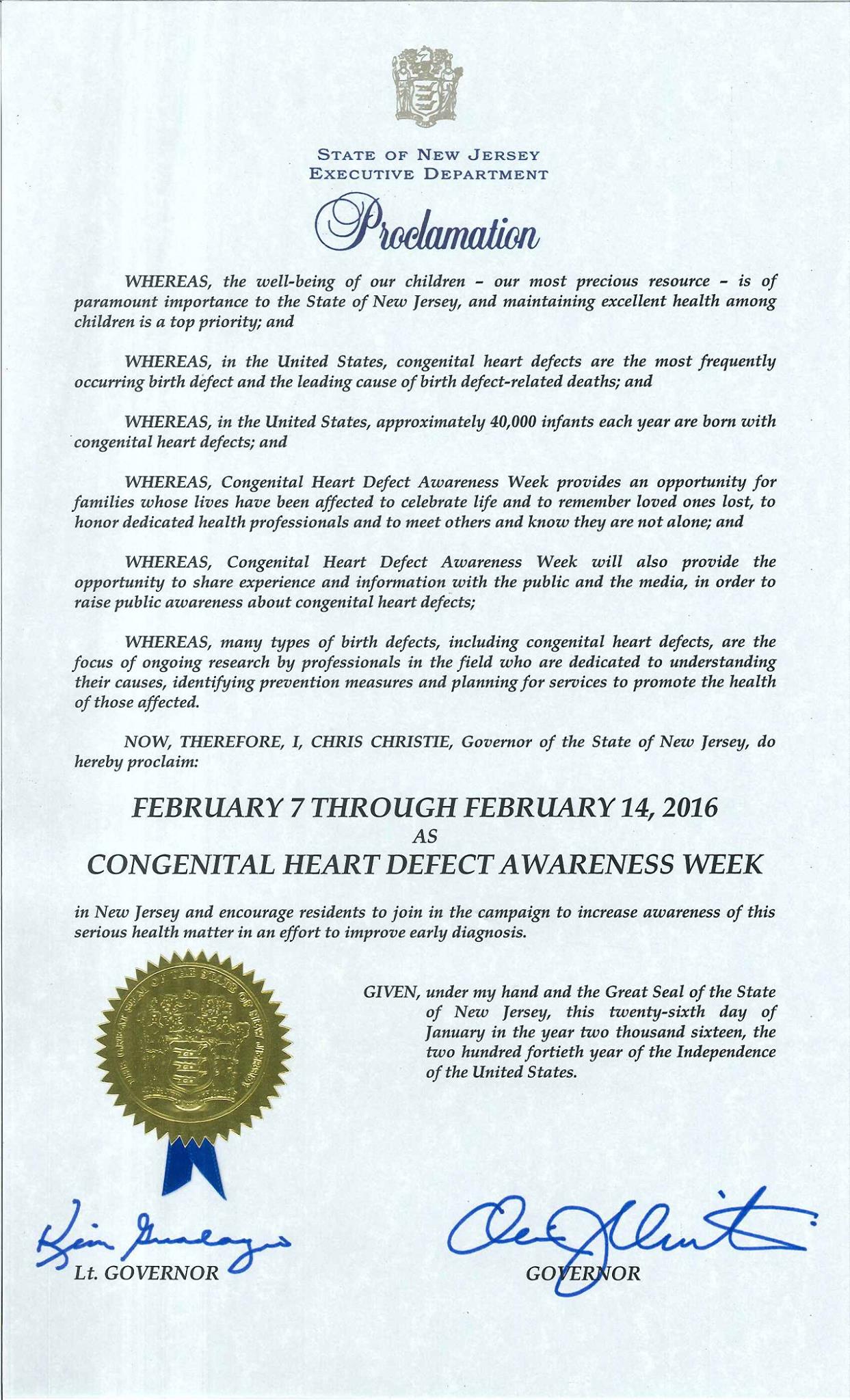 State of NJ CHD Awareness Week Proclamation